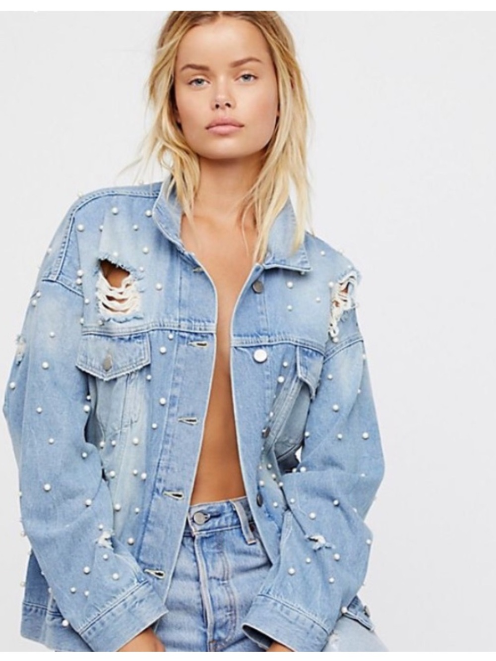 Free People Lazy Sunday Denim Jacket Pearl Distressed - Picture 2 of 6